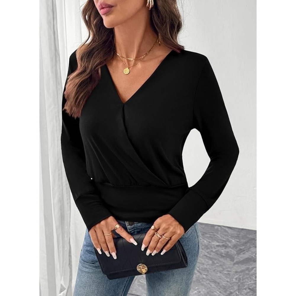 EVALESS Womens Cross Wrap V Neck Blouse Long Sleeve Black Size M Top New
